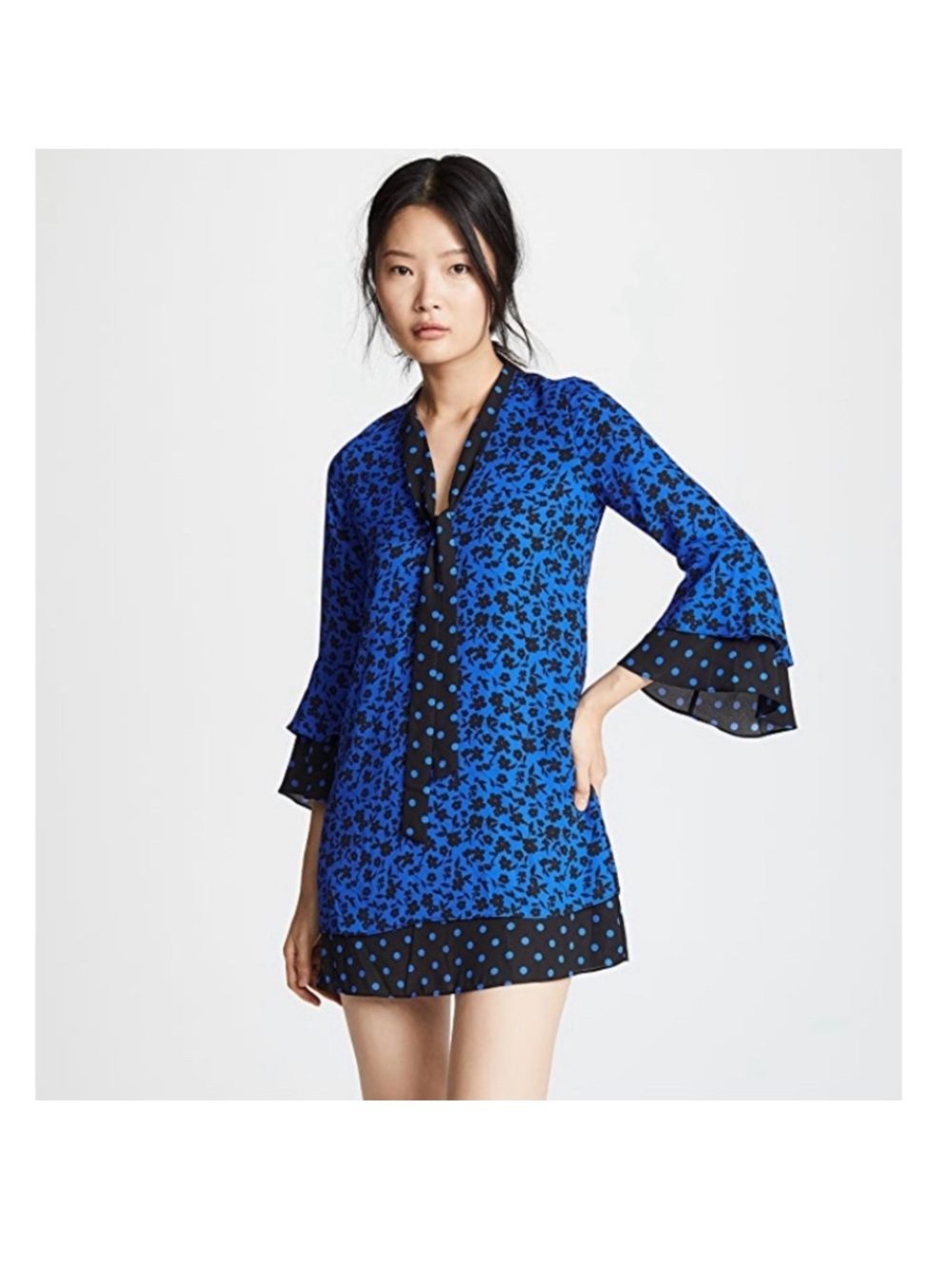 Alice + Olivia Wellesly Tie Neck Bell Sleeve mini Dress Floral and polka dots S